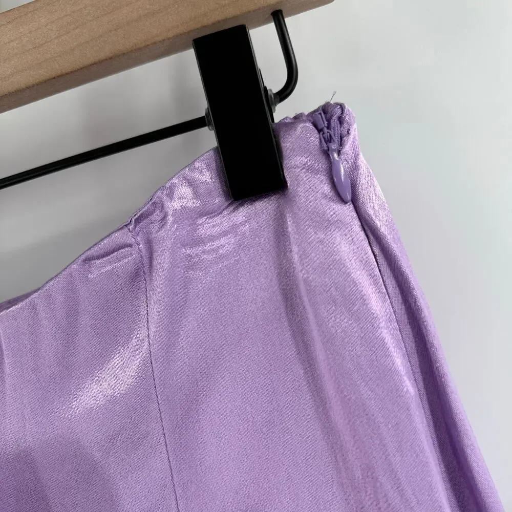 LINE & DOT Adelyn Skirt SZ Small NWT Lilac Purple Satin High Slit Midi Zipper